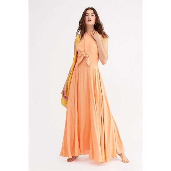 Free People The Endless Summer Peach My Long Time Love Maxi Halter Dress Size XS - Picture 1 of 9